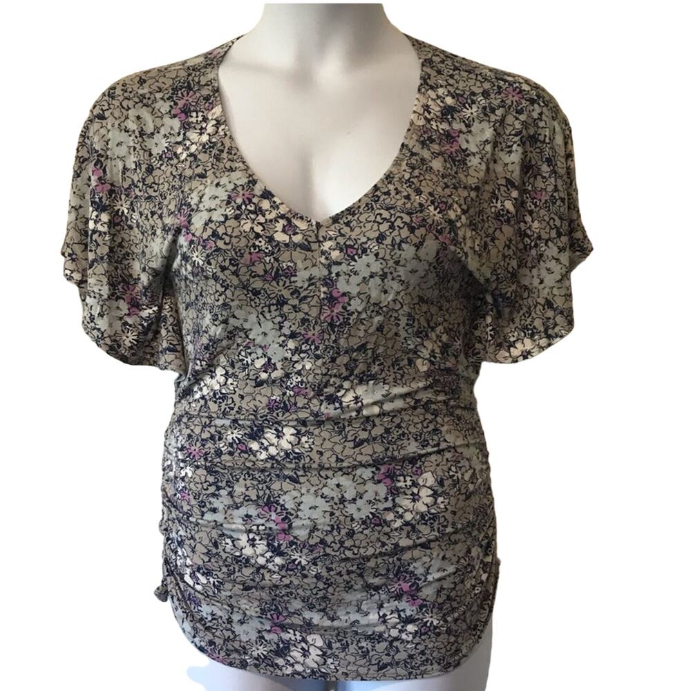 CAbi Ruched Gray Blue Pink Floral Top Sz M